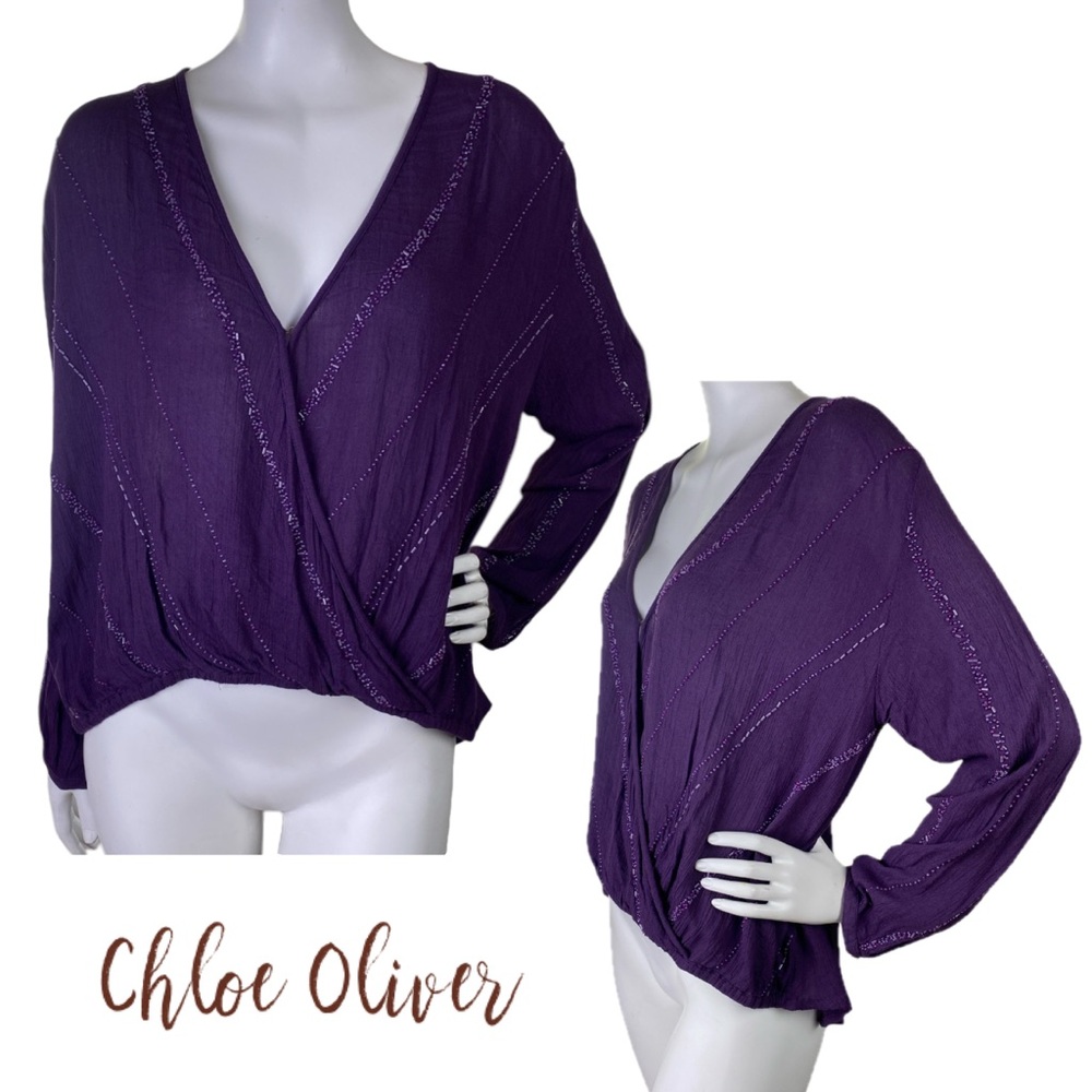 Chloe Oliver Purple Beaded Long 3/4 Sleeves Surplice Wrap Blouse High/Low Small